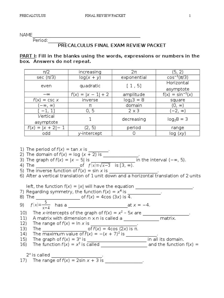precalculus final exam review packet spring 2015