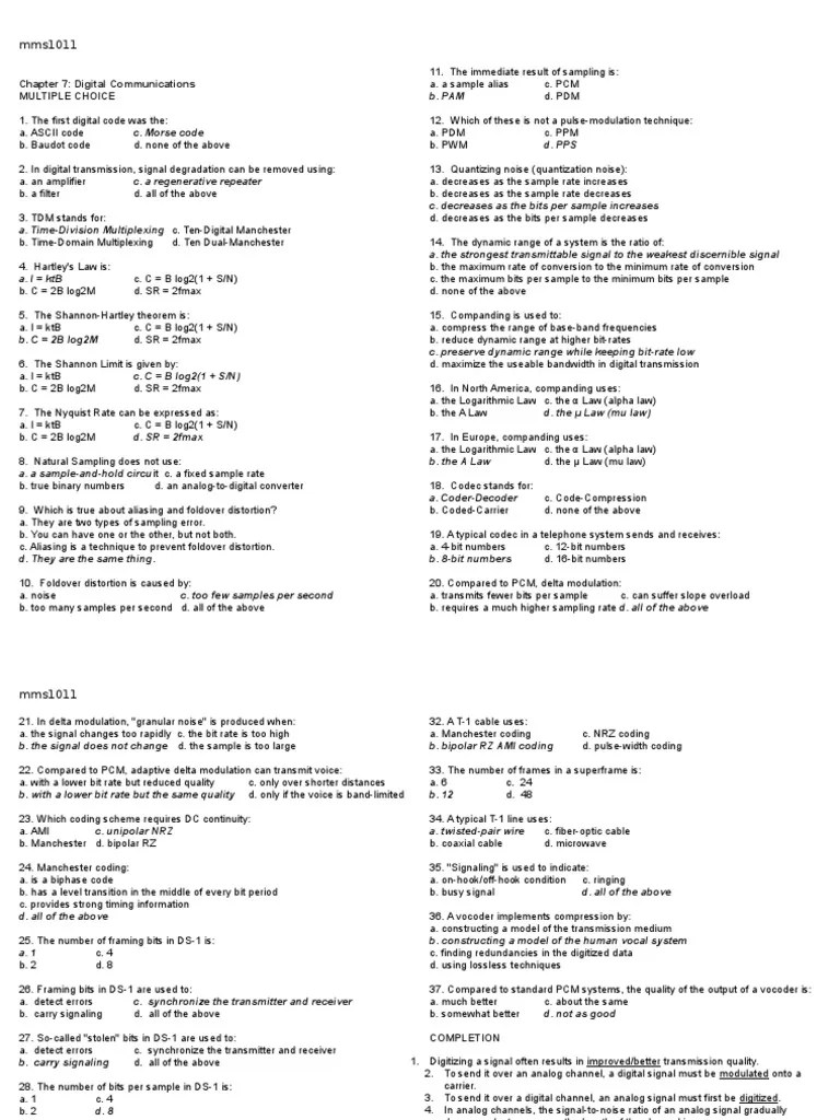 Digital Communications Multiple Choice Questions and Answers PDF
