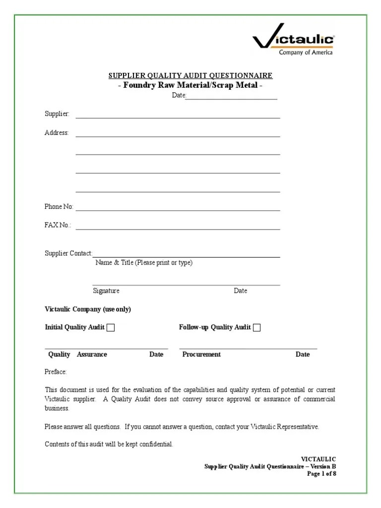 Questionnaire For Foundry Raw Material or Scrap Metal PDF Iso 9000