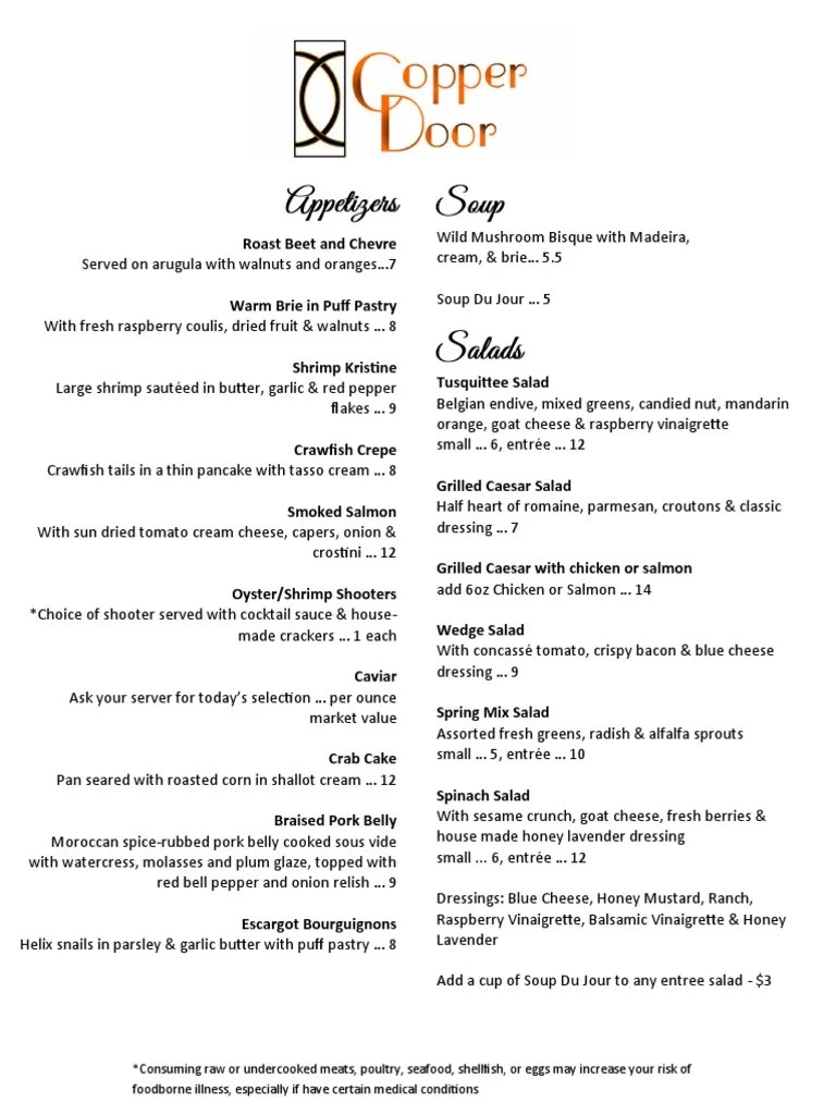 The Copper Door Menu Hayesville, NC Salad Western Cuisine