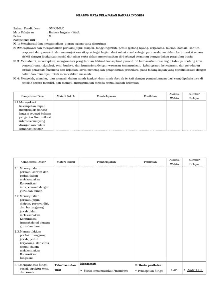 Silabus Bahasa Inggris Smk x