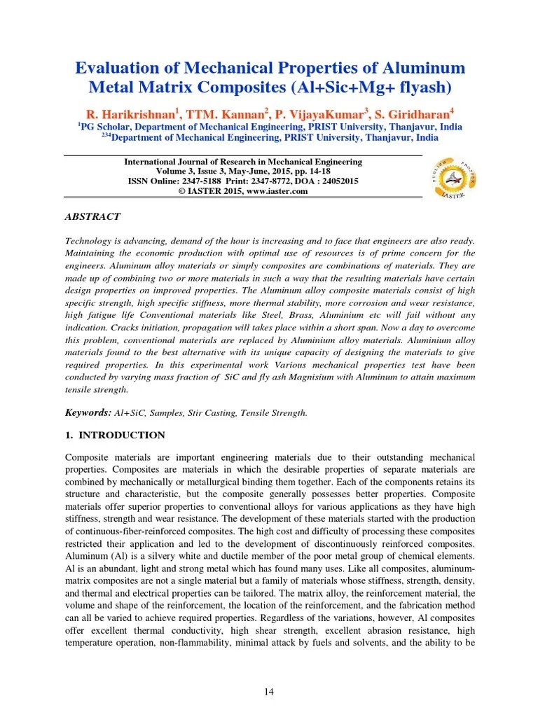 Evaluation of Mechanical Properties of Aluminum Metal Matrix Composites