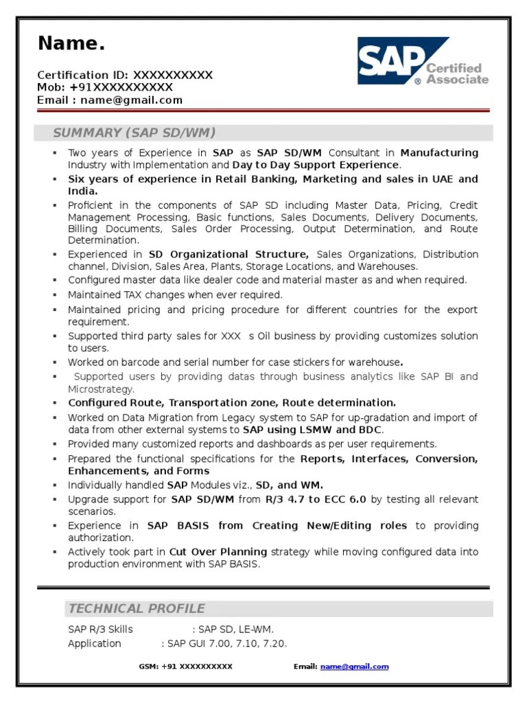 Sap Sd le wm Sample Resume | Warehouse | Sap Se | Free 30-day Trial