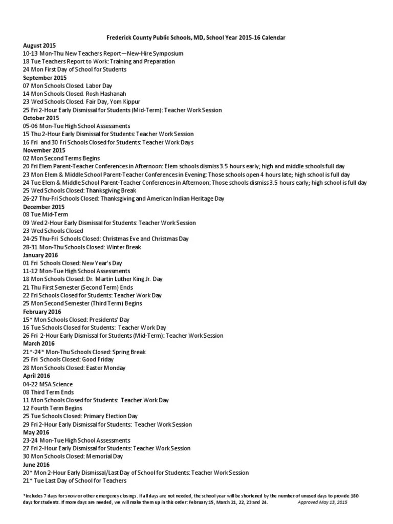 Frederick County Schools 201516 Calendar PDF