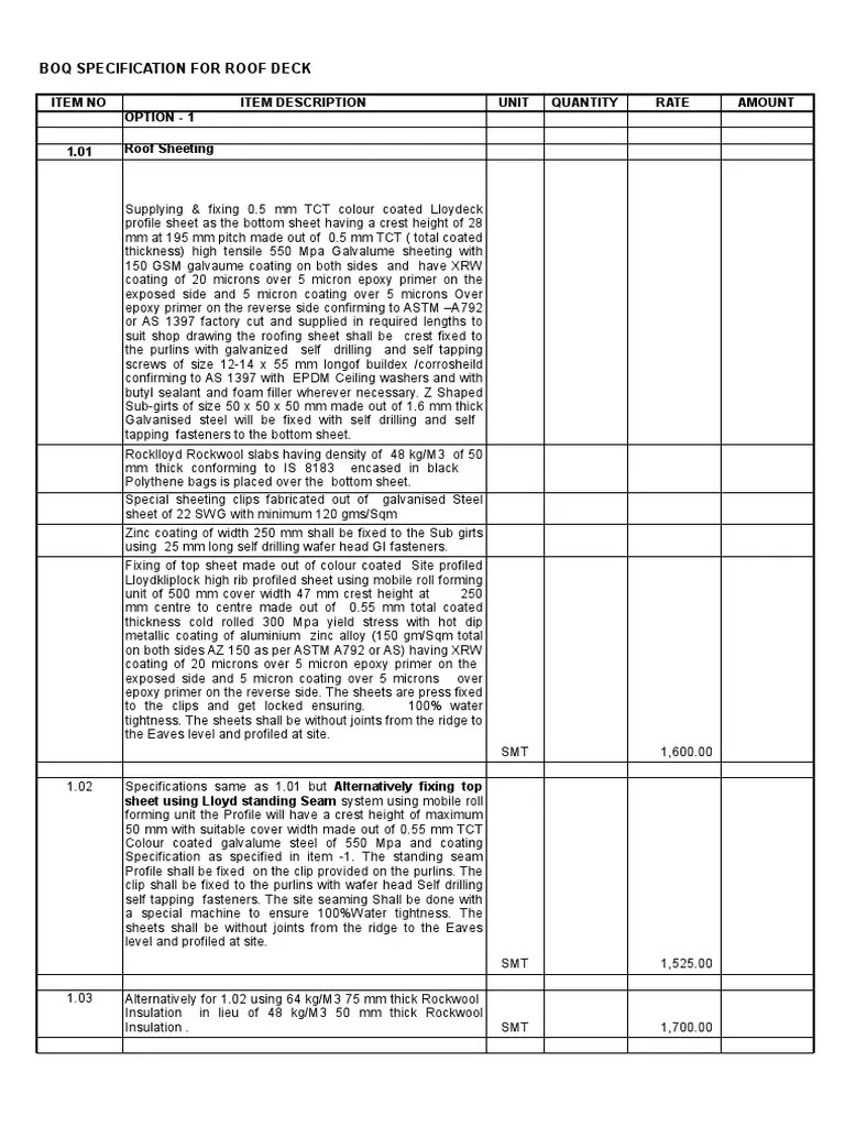 Boq Specification for the Roof Deck Sheeting Sheet Metal Fiberglass