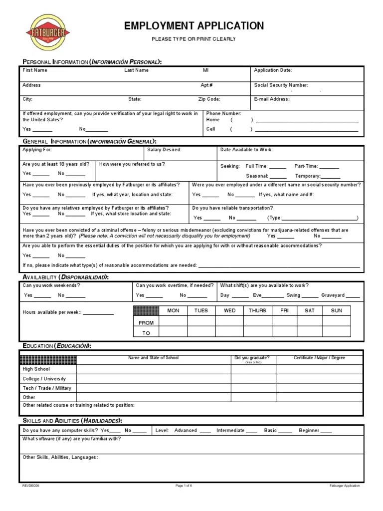 Employment Application Nformación Ersonal Credit Bureau Race And