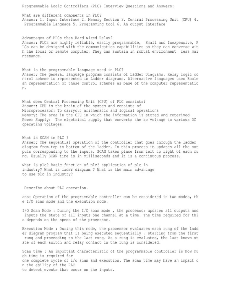 PLC Interview Questions PDF Programmable Logic Controller Electronics