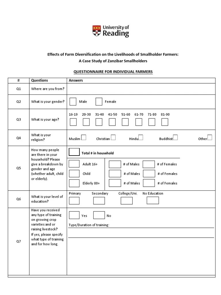 Questionnaire for Individual Farmersbmt 1 Farms Agriculture