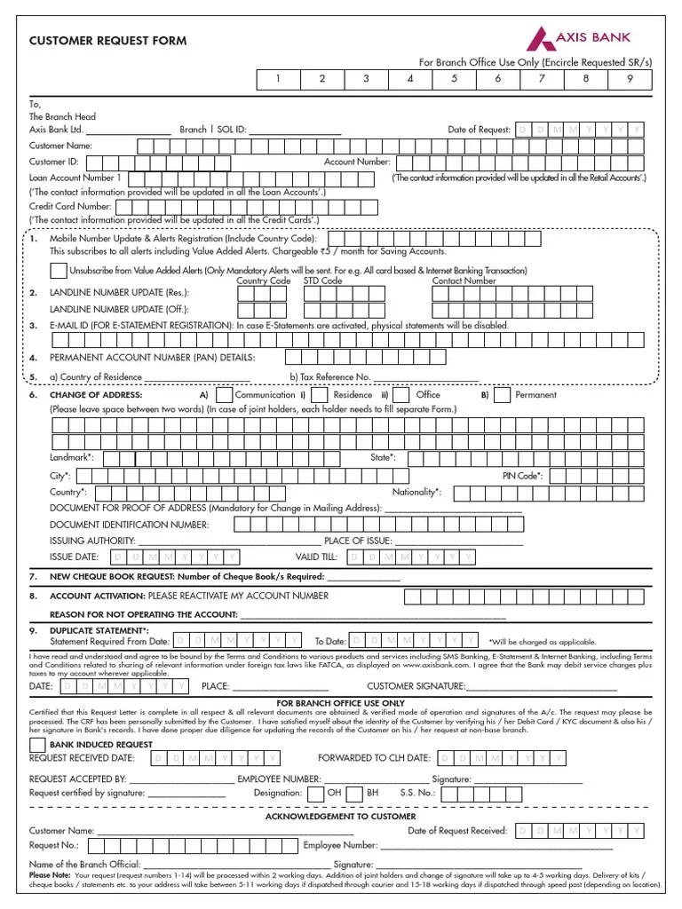 Customer Request Form Axis Bank Debit Card Cheque