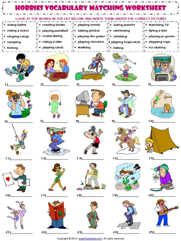 Hobbies and Interests Vocabulary Matching Exercise Worksheet