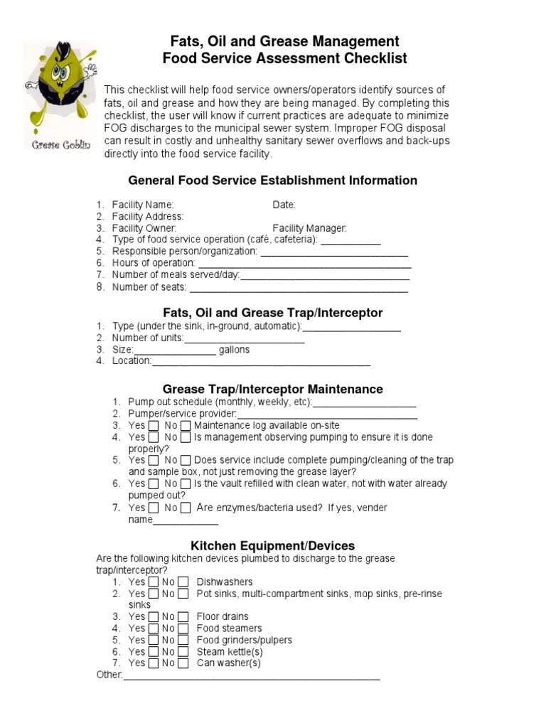 Food Service Assessment Checklist PDF Waste Water