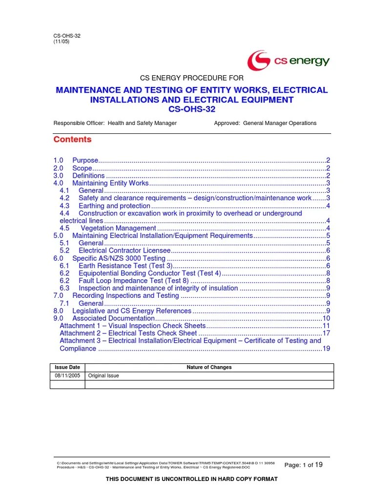 Inspection and testing plan of electrical equipment procedure May 2013