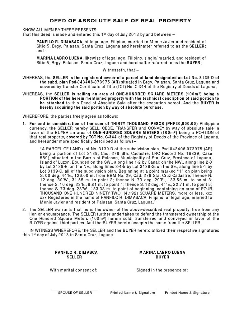 Deed of Sale of Real EstatePORTION100 PDF Deed Real Property Law