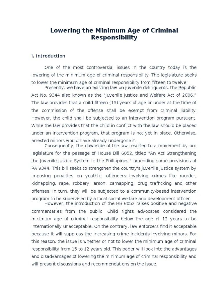 Lowering of Age of Criminal Responsibility Juvenile Delinquency Crimes