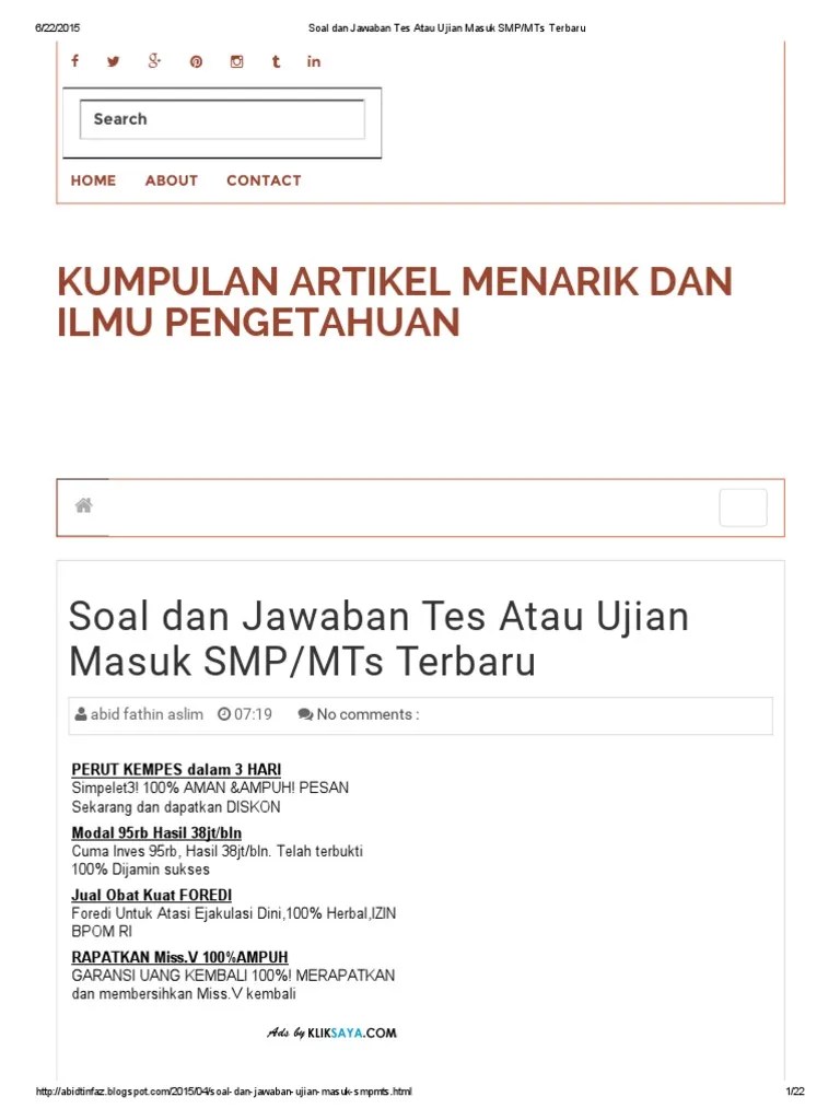 Soal Dan Jawaban Tes Atau Ujian Masuk SMP - MTs Terbaru | PDF