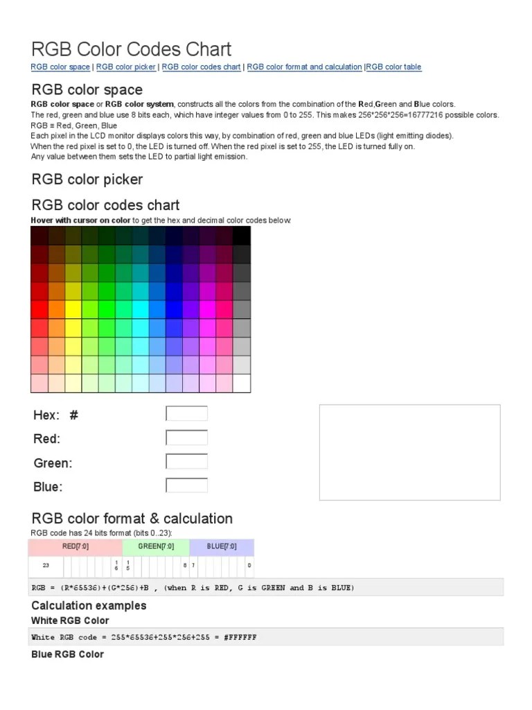 RGB Color Codes Chart Rgb Color Model Light Emitting Diode