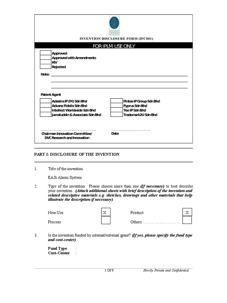Invention Disclosure Form (IPC0001) Invention Security Alarm