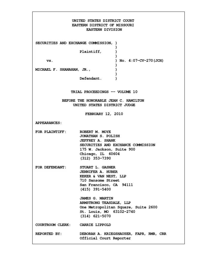 Transcript of Hearing on S.E.C.'s Complaint Sec Rule 10b 5 Duty Of