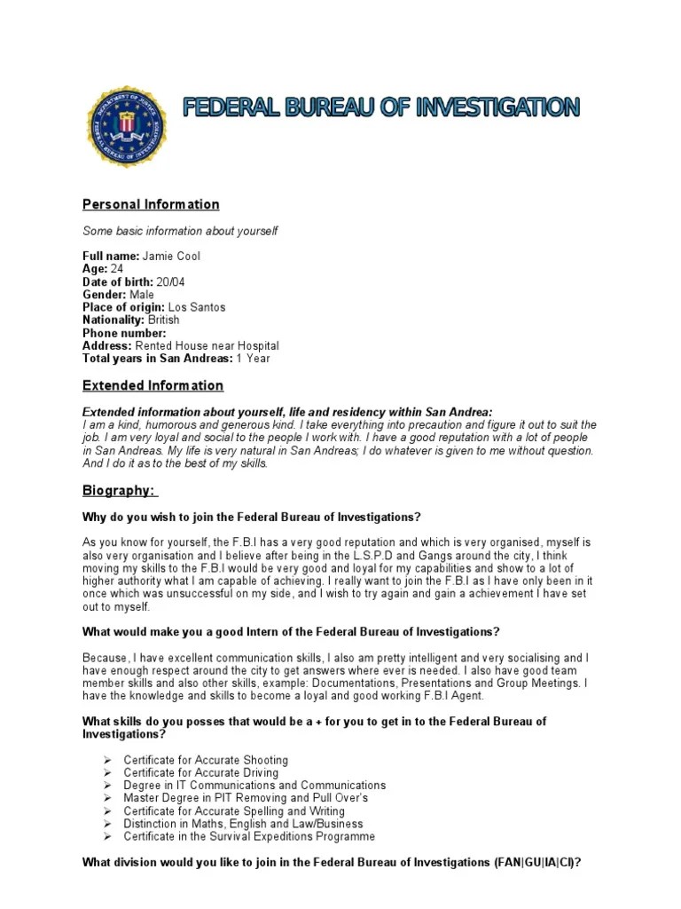 FBI Application Federal Bureau Of Investigation United States