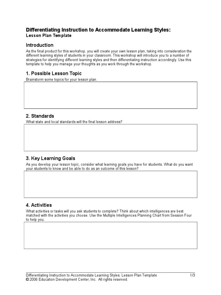 Differentiating Instruction To Learning Styles Lesson Plan Template PDF