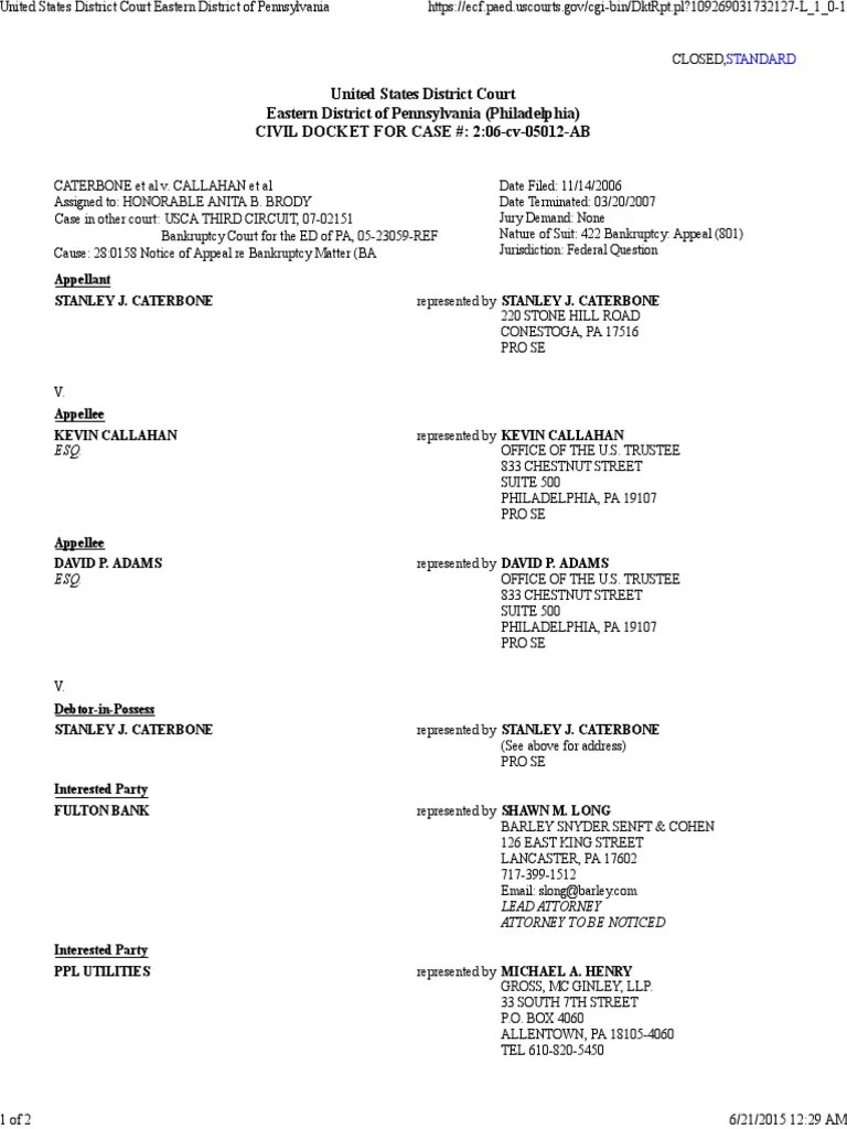 United States District Court Eastern District of Pennsylvania DOCKET 7