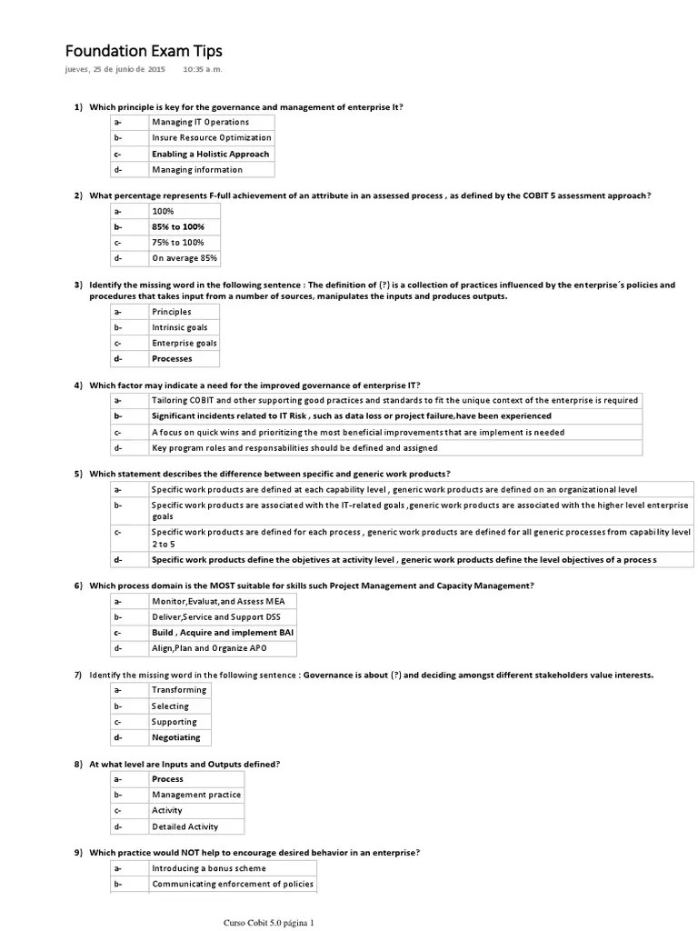 Foundation Exam Tips Business Process Cobit
