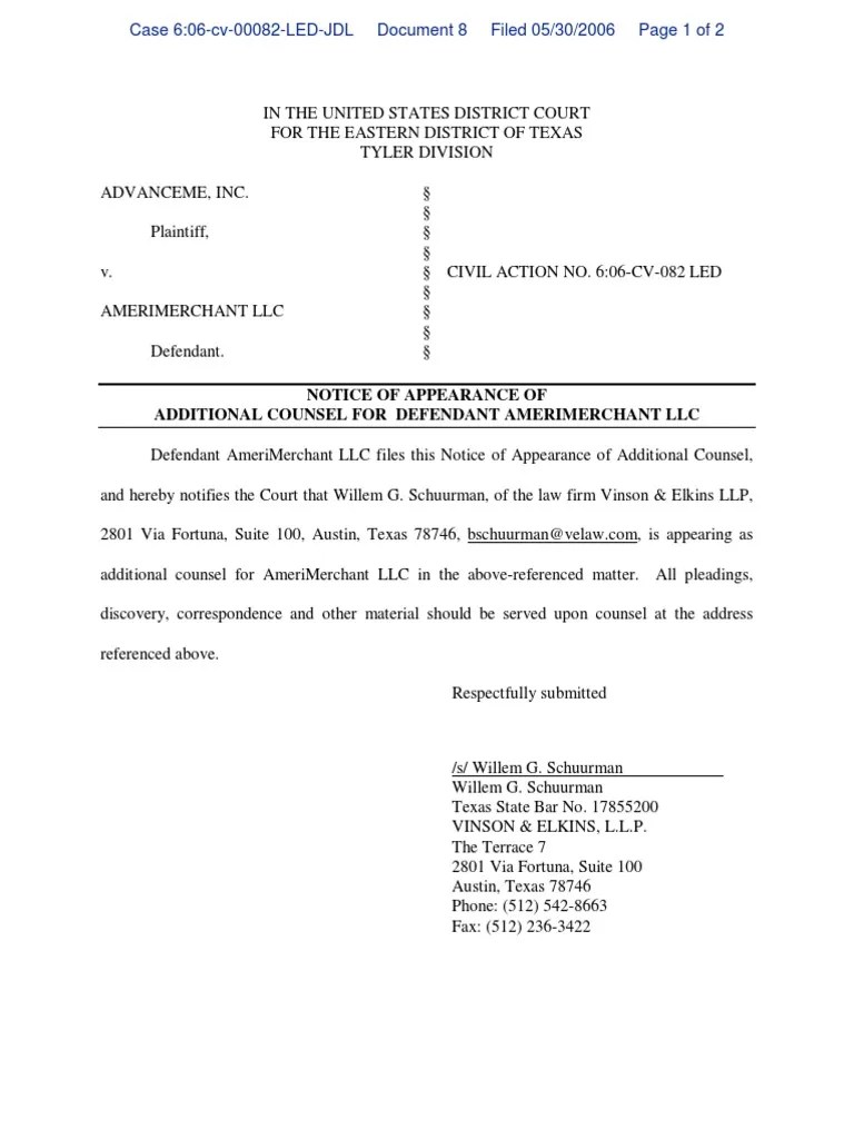 Notice Of Appearance Of Additional Counsel For Defendant Amerimerchant