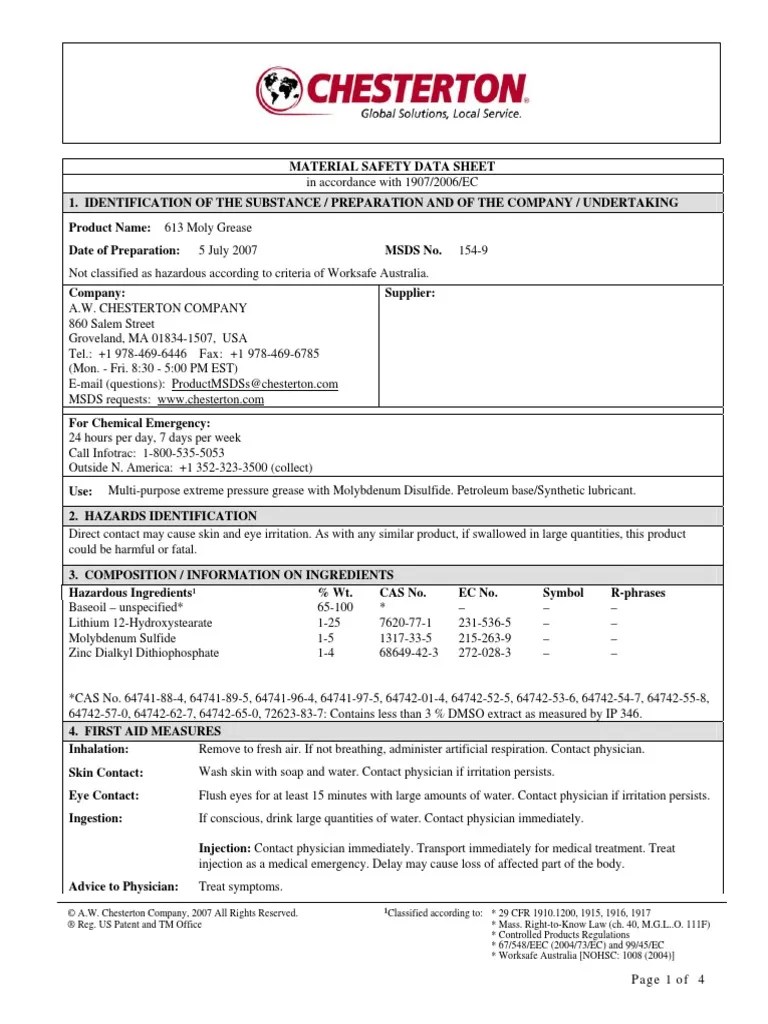 MSDS 613 Moly Grease Dangerous Goods Chemical Substances