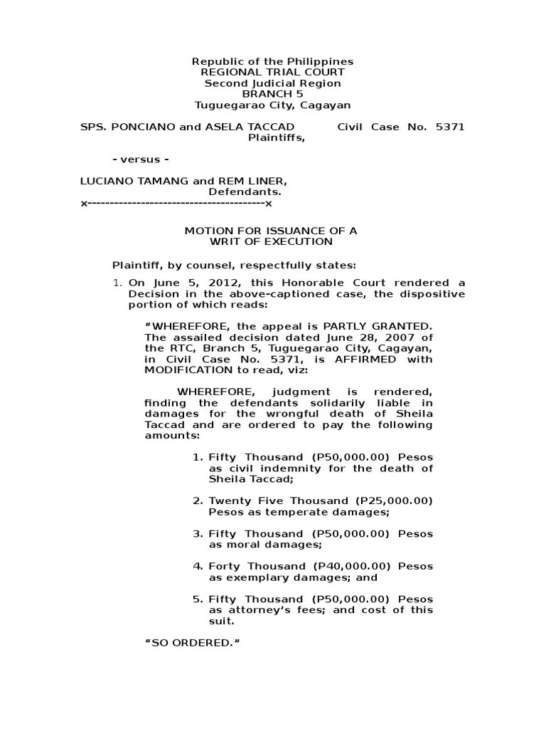 Motion For Writ of Execution PDF Lawsuit Judgment (Law)