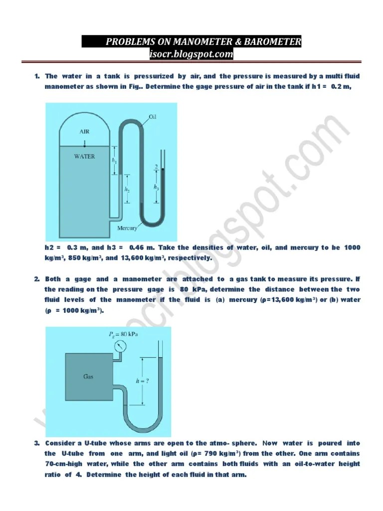 Problems On Manometer & Barometer PDF Pressure Measurement Pressure