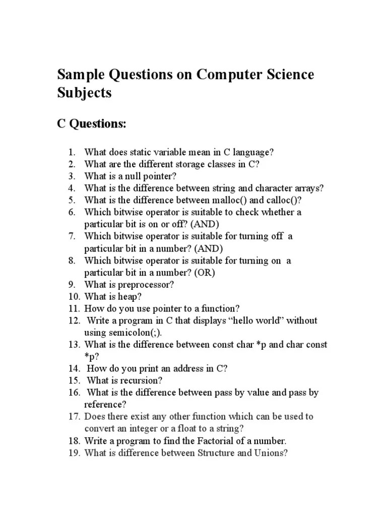 Sample Questions On Computer Science Subjects PDF C++ Relational