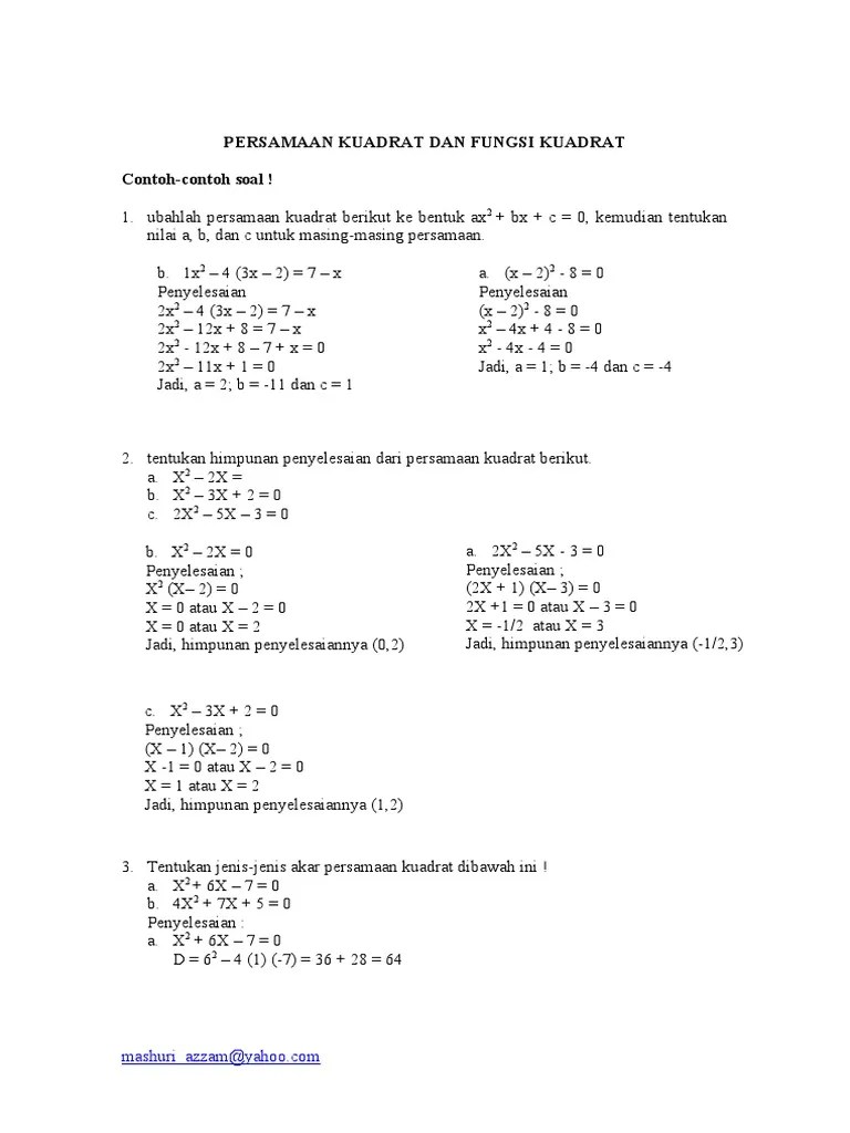 MATEMATIKA Contoh Persamaan Dan Fungsi Kuadrat
