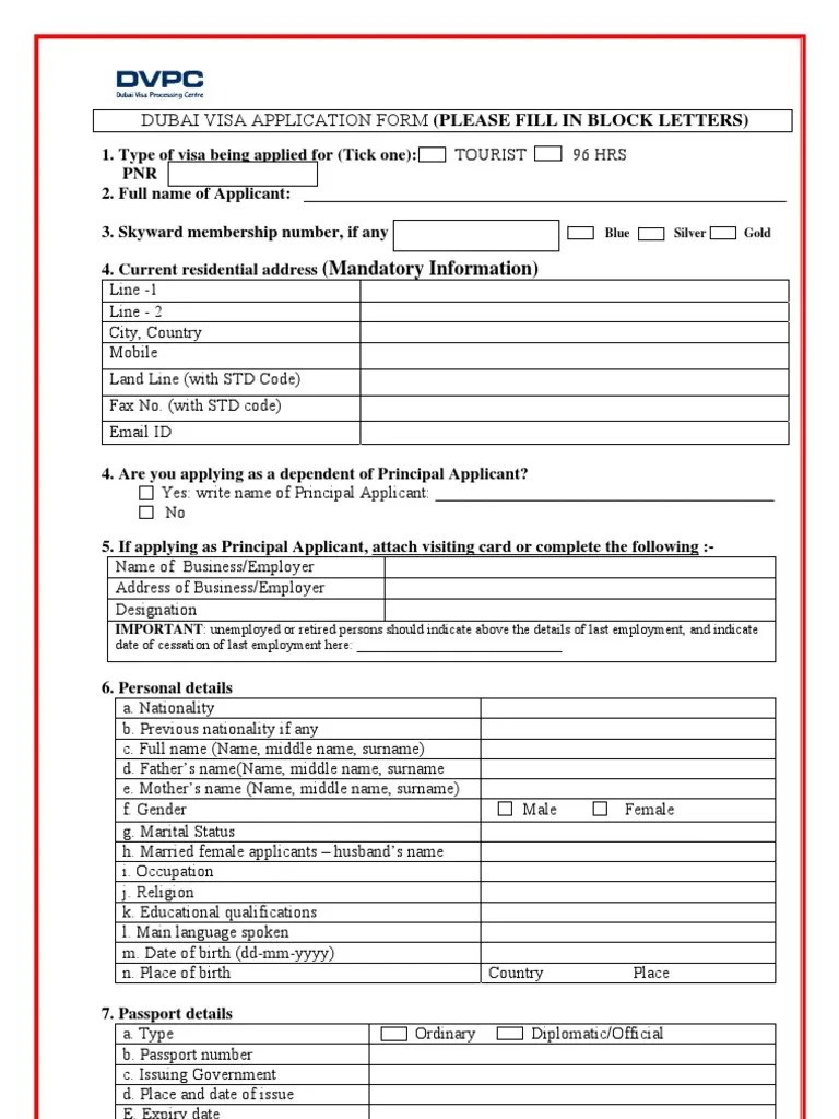 Dubai Visa Application Form (Please Fill In Travel Visa Passport