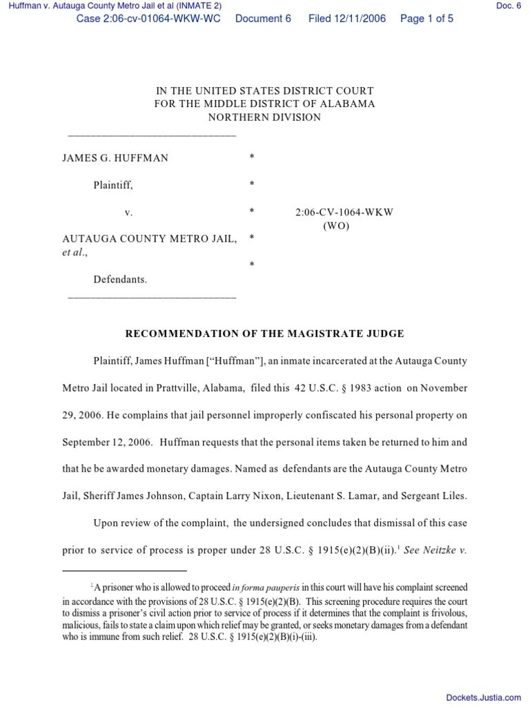 Huffman v. Autauga County Metro Jail Et Al (INMATE 2) Document No. 6(01)