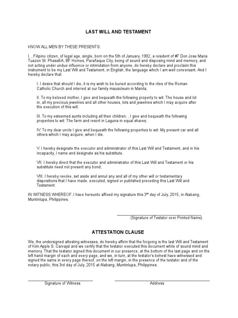 Sample Last Will and Testament | PDF | Will And Testament | Social 