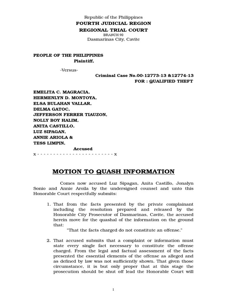 Motion to Quash Information Prosecutor Theft