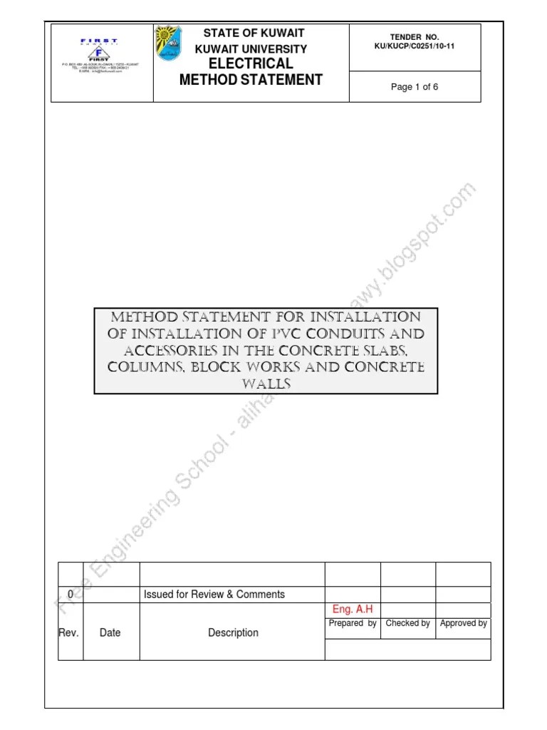 METHOD STATEMENT for INSTALLATION of PVC Conduits and Accessories in
