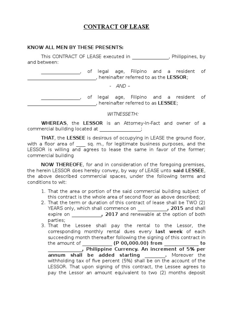 Contract of Lease (Sample) Lease Business Law