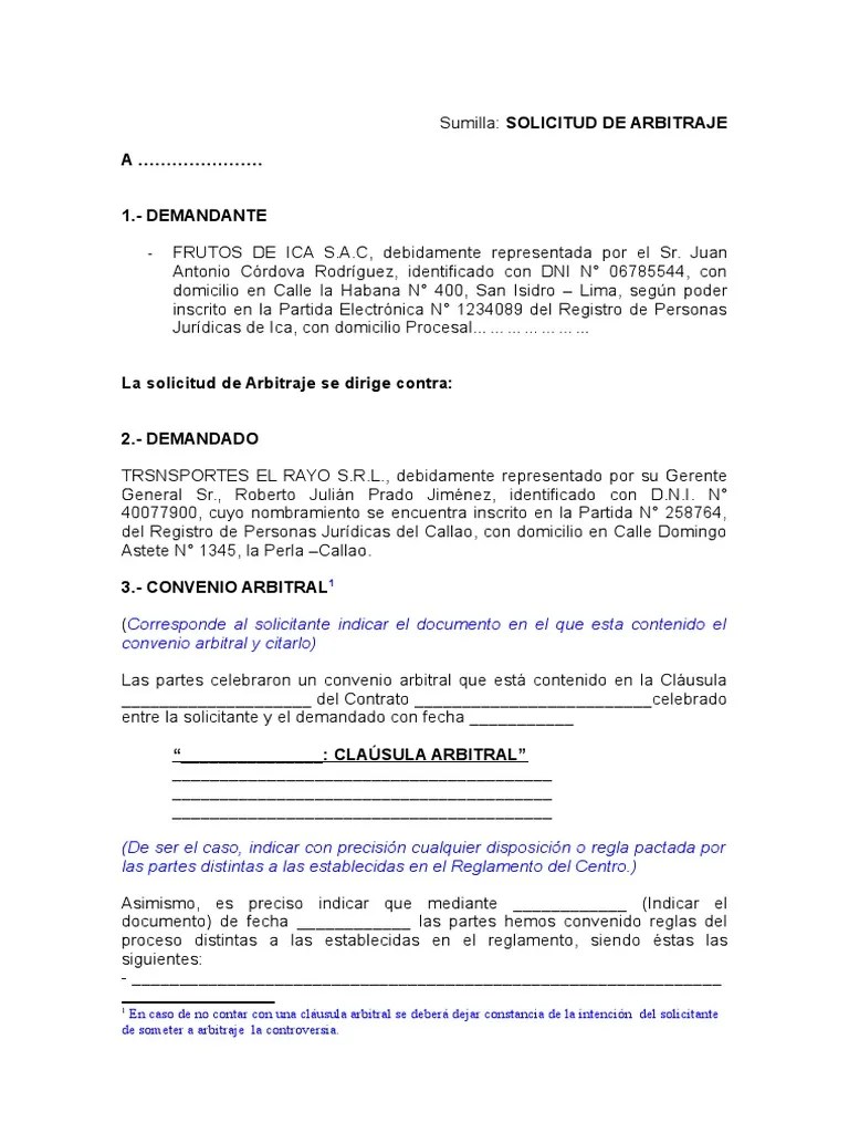 Modelo de Solicitud de Arbitraje 1 Arbitraje Gobierno