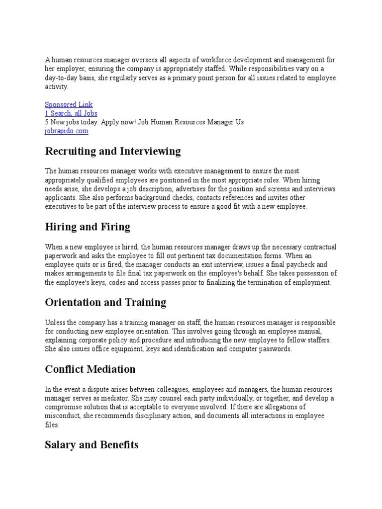 Responsibilities of HR Manager Human Resource Management Mentorship