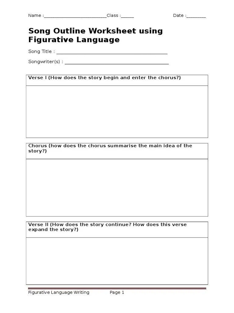 Song Outline Worksheet Using Figurative Language Song Structure