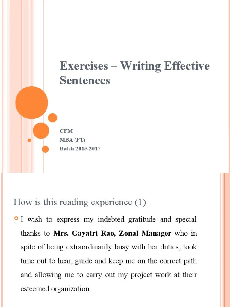 Exercises Writing Effective Sentences CFM Mba (FT) Batch 20152017
