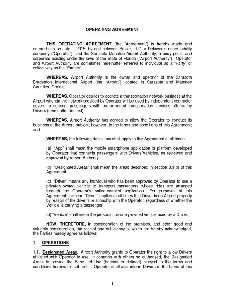 Sarasota AirportUber agreement Liability Insurance Indemnity