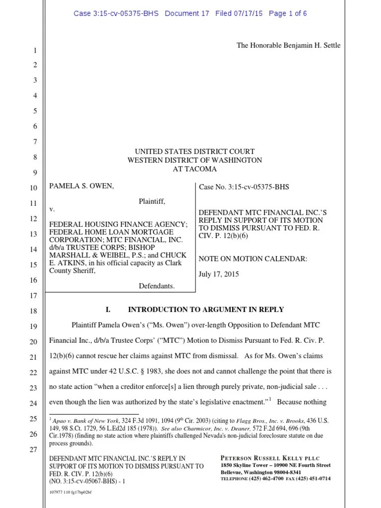 Pamela Owen. Defendant MTC Financial Inc.'s Reply in Support of Its
