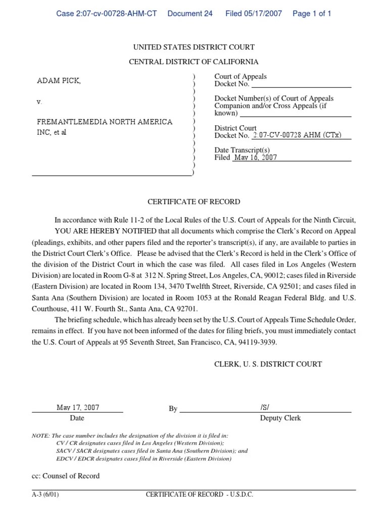 A3 (6/01) Certificate Of Record U.S.D.C United States District