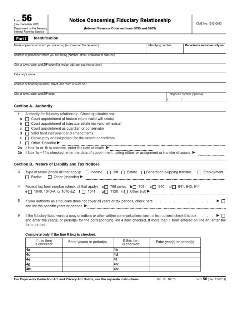 IRS Form 56 (Notice Concerning Fiduciary Relationship) Internal