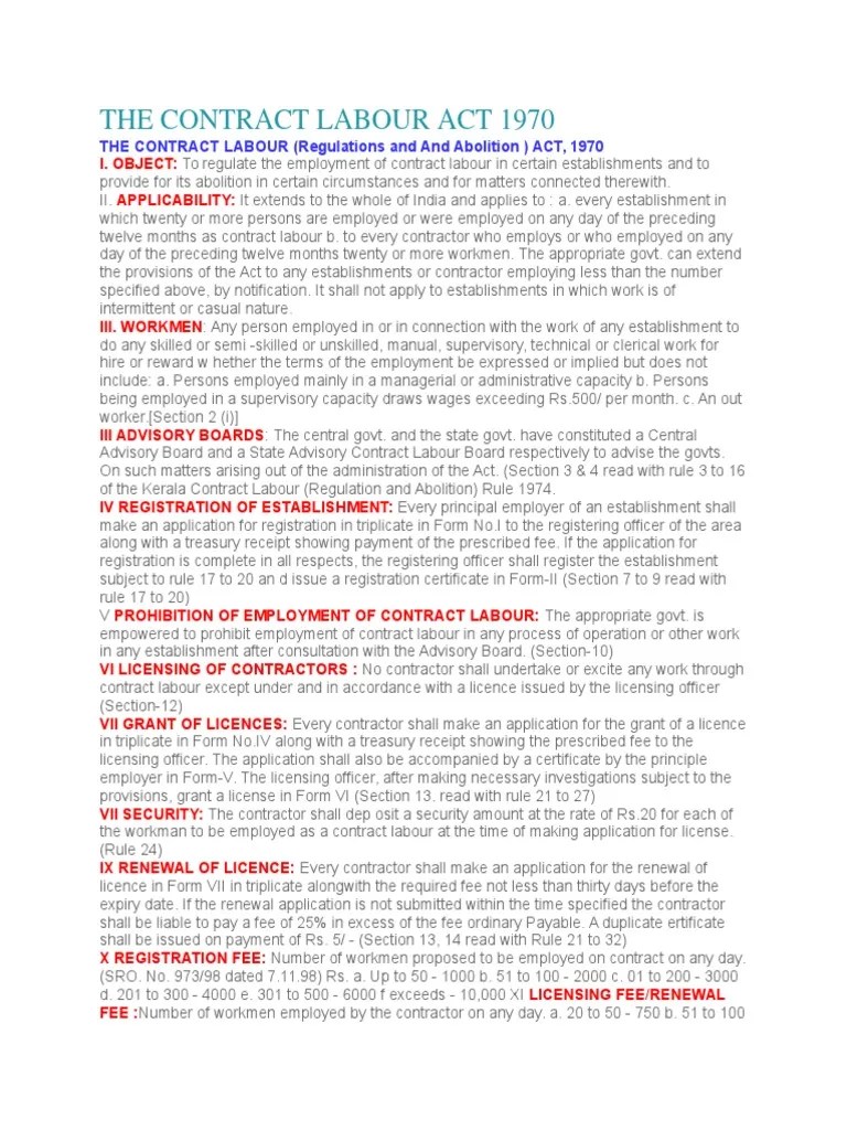 The Contract Labour Act 1970 Fine (Penalty) Employment Free 30
