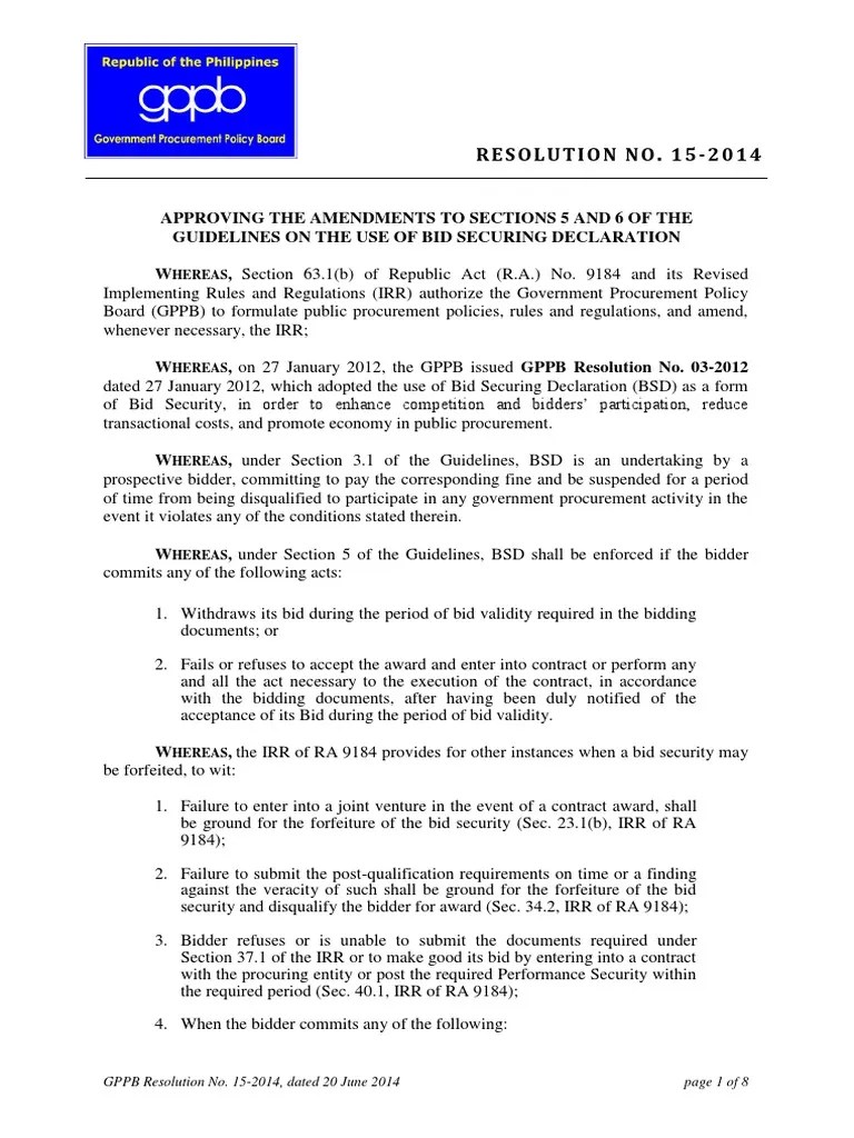 152014 GPPB Bid Securing Declaration Government Information Justice