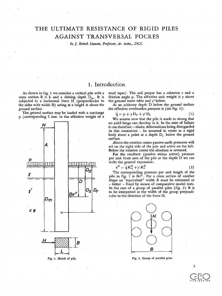 The Ultimate Resistance of Rigid Piles Against Transversal Forces