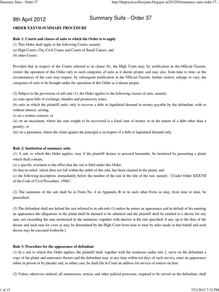 Summary Suits Order 37 Lawsuit Negotiable Instrument
